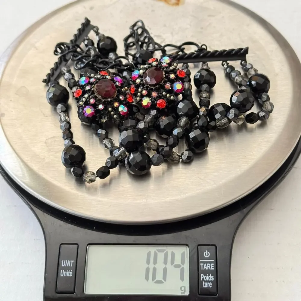 Vintage Black Jet Crystal Choker Necklace Clip Earrings Set Red Rhinestones